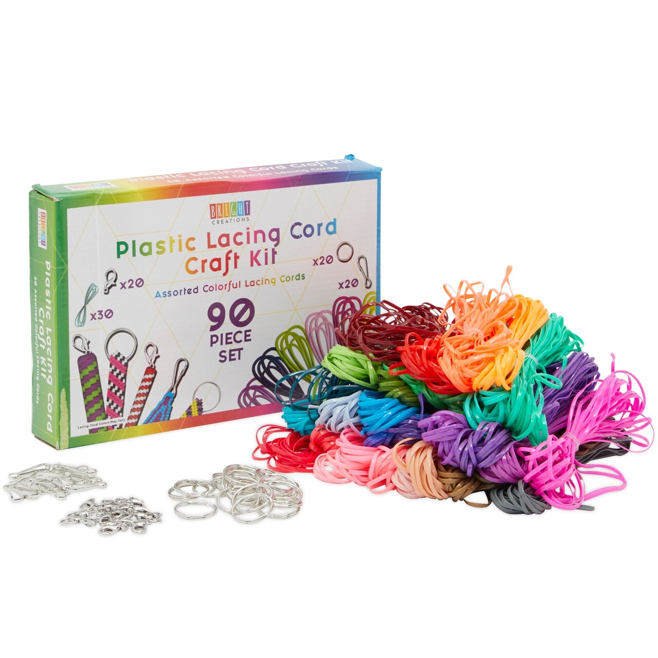 30 Colors of Gimp Plastic Lace Lanyard Cord for Friendship Bracelets, with Keychain Rings, Snap Hooks, Lobster Clasps (90 Pieces)